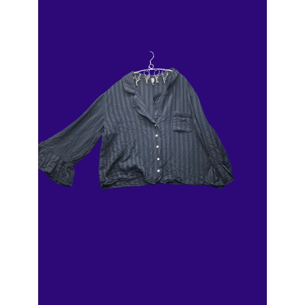 Dark Academia Womens anthropology Shadow Stripe Ruffle Cuff Blouse L Black